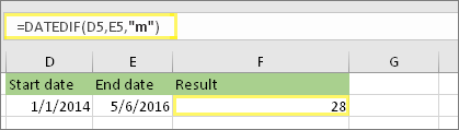 = DATEDIF (D5, E5, 