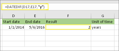 = DATEDIF (D17, E17, 