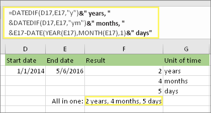 = DATEDIF (D17, E17, 